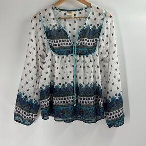 Passport boho sheer balloon sleeve peasant blouse white turquoise purple florals